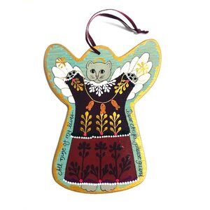 Cat Angel Christmas Ornament Hand Painted Wood Folk Art Style Artist Signed 5"